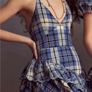 Free People x Love shack fancy Marion Mini Dress Blue Plaid Embroidered